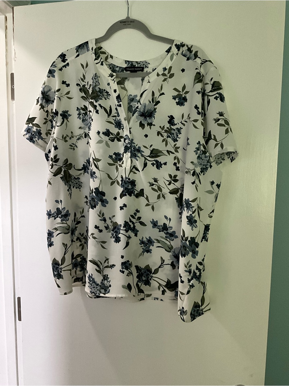 Hilary Radley White Floral Split-Neck Blouse with Blue and Green Print